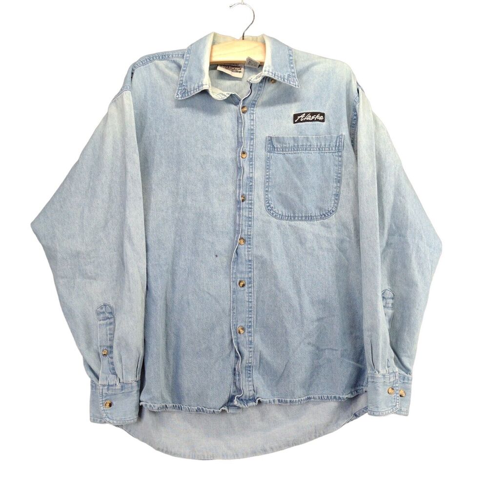 Vintage Foul Weather Gear Cold Storage Denim Long Sleeve Shirt SZ M Blue Alaska